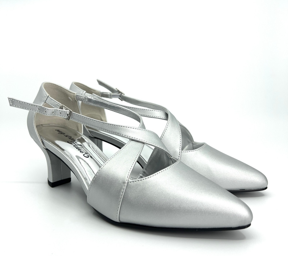 Easy Street Elegance Pumps Women 8.5M Silver Satin Cross Strap